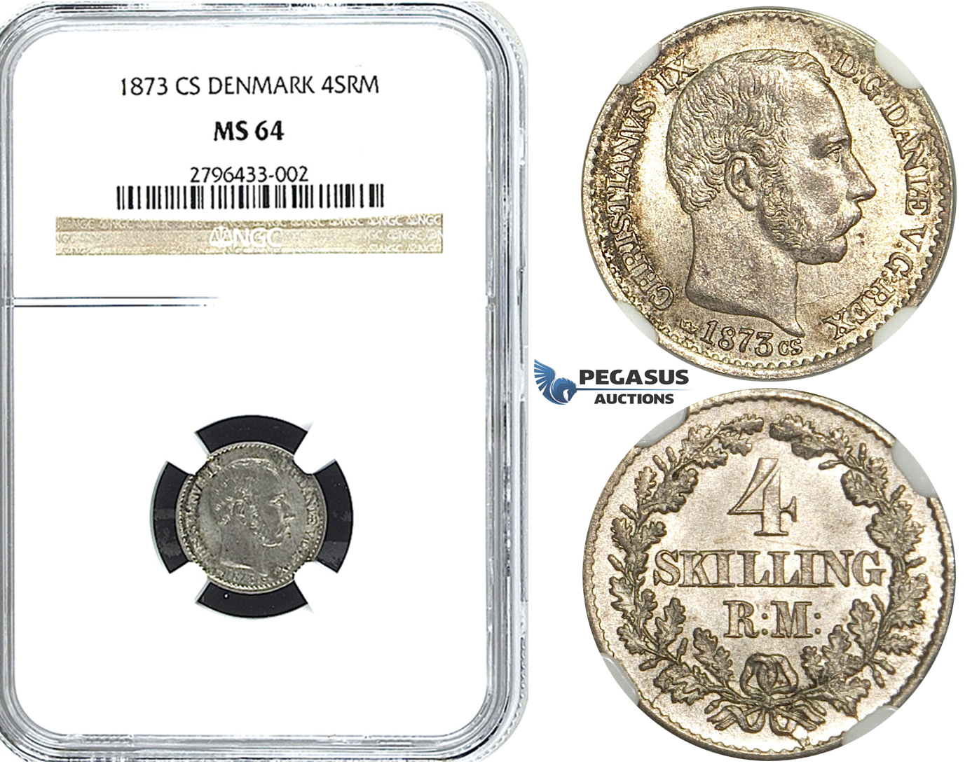 R487, Denmark, Christian IX, 4 Skilling 1873 CS, Copenhagen, Silver, NGC MS64