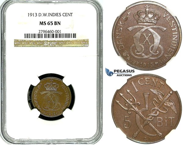 R488, Danish West Indies, Christian X, 1 Cent/5 Bit 1913, NGC MS65BN (Pop 1/1, Finest!)
