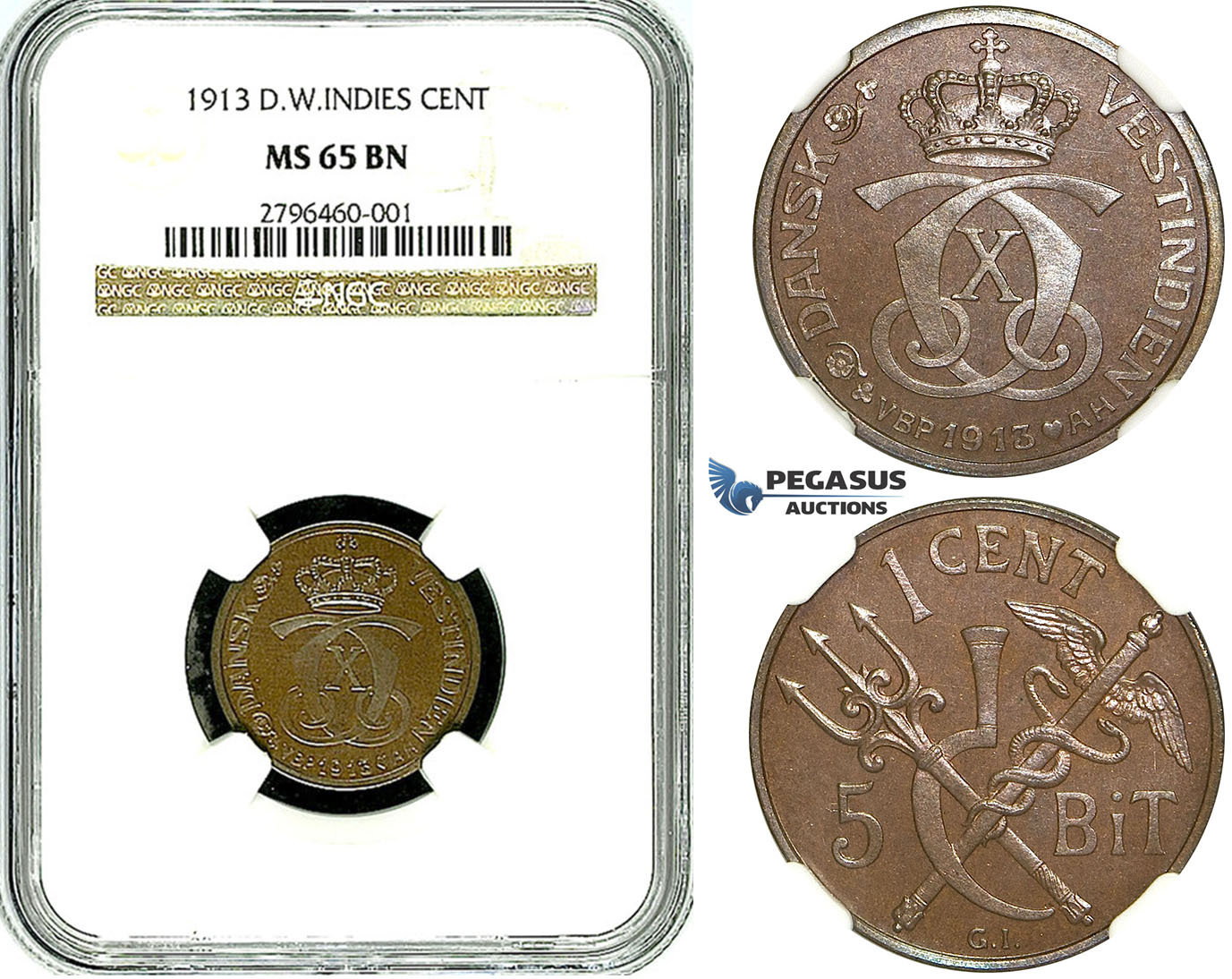 R488, Danish West Indies, Christian X, 1 Cent/5 Bit 1913, NGC MS65BN (Pop 1/1, Finest!)