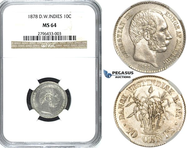 R489, Danish West Indies, Christian IX, 10 Cents 1878, Copenhagen, Silver, NGC MS64