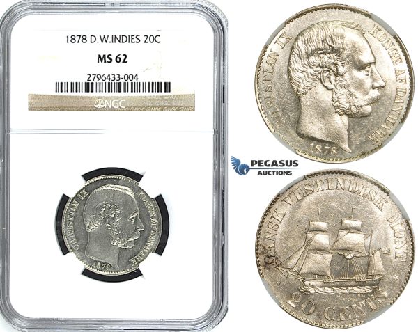 R490, Danish West Indies, Christian IX, 20 Cents 1878, Copenhagen, Silver, NGC MS62