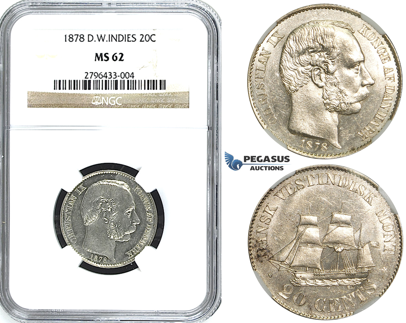 R490, Danish West Indies, Christian IX, 20 Cents 1878, Copenhagen, Silver, NGC MS62
