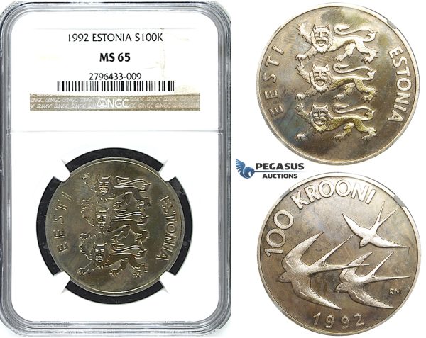 R491, Estonia, 100 Krooni 1992, Silver, NGC MS65