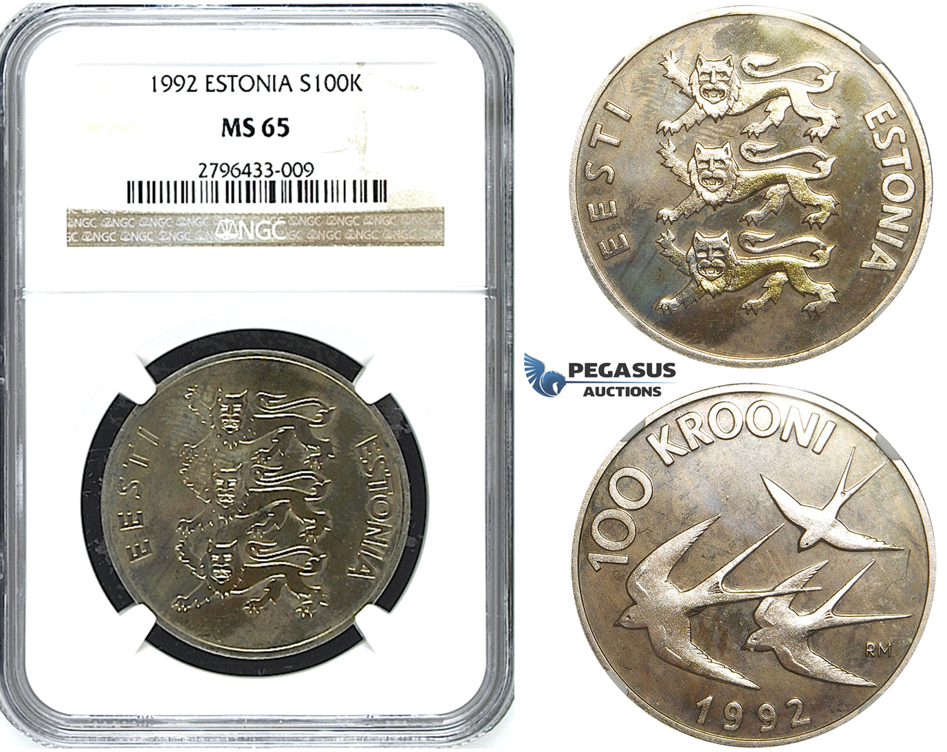 R491, Estonia, 100 Krooni 1992, Silver, NGC MS65