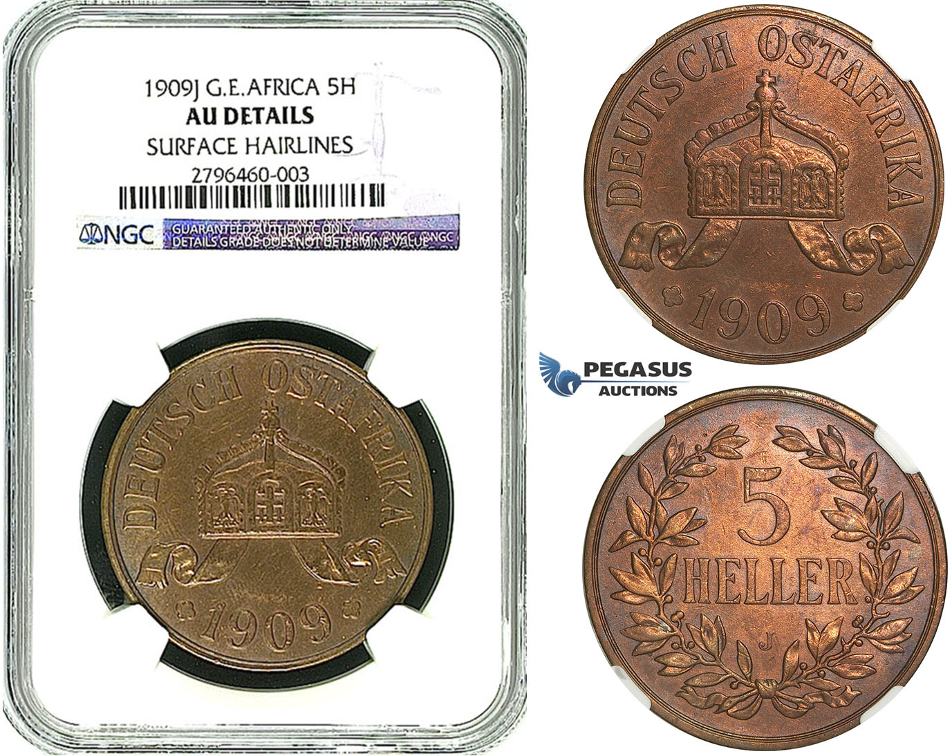 R494, German East Africa (DOA) 5 Heller 1909-J, Hamburg, NGC AU