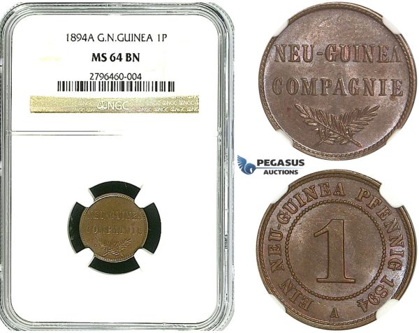 R495, German New Guinea, 1 Pfennig 1894-A, Berlin, NGC MS64