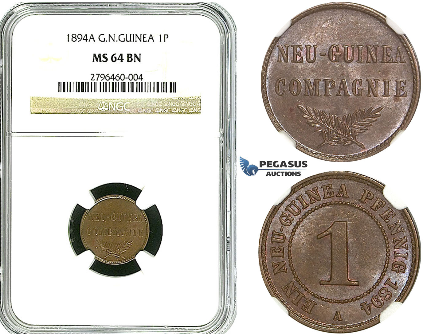 R495, German New Guinea, 1 Pfennig 1894-A, Berlin, NGC MS64