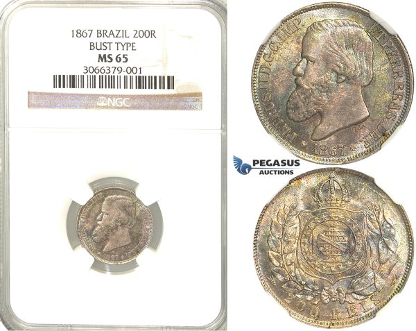R50, Brazil, Pedro II, 200 Reis 1867, Silver, NGC MS65