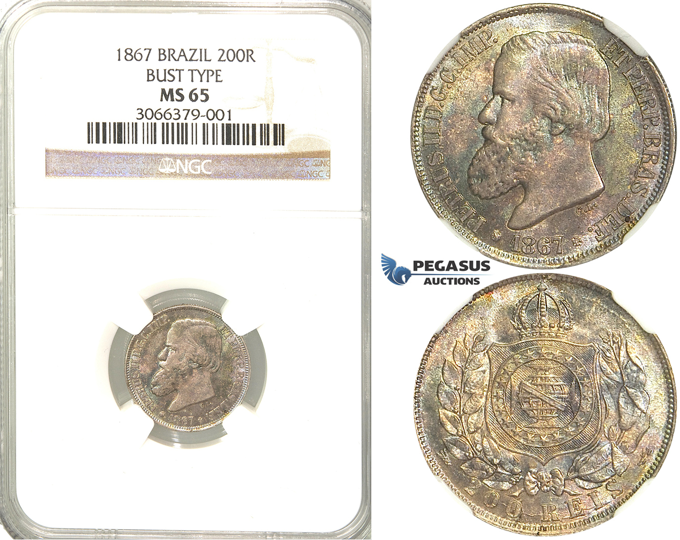 R50, Brazil, Pedro II, 200 Reis 1867, Silver, NGC MS65
