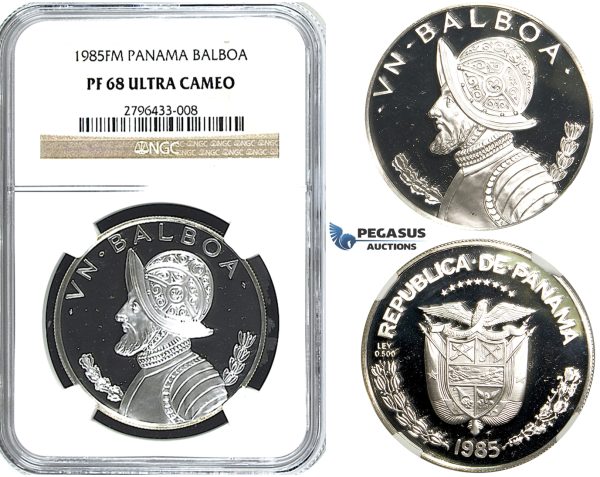 R503, Panama, Balboa 1985-FM, Franklin Mint, Silver, NGC PF68 Ultra Cameo