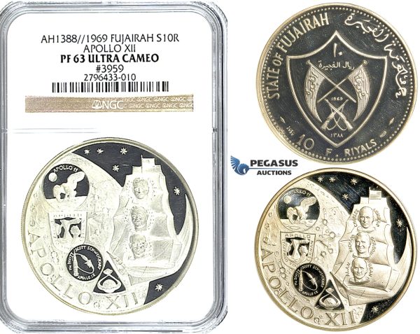 R507, United Arab Emirates, Fujairah, 10 Riyals 1969 (Apollo XII) Silver, NGC PF63 Ultra Cameo