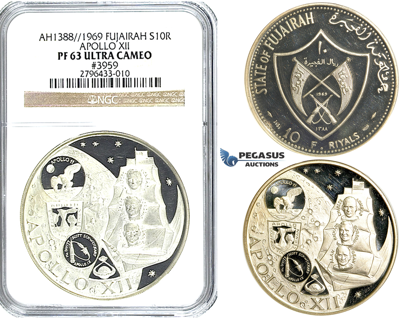 R507, United Arab Emirates, Fujairah, 10 Riyals 1969 (Apollo XII) Silver, NGC PF63 Ultra Cameo