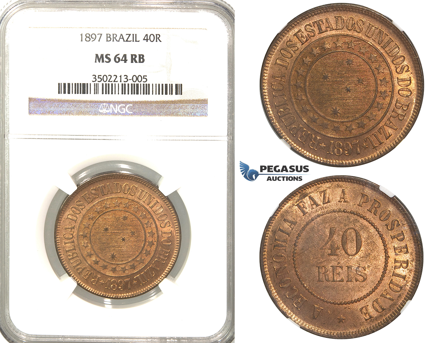 R51, Brazil, 40 Reis 1897, NGC MS64RB