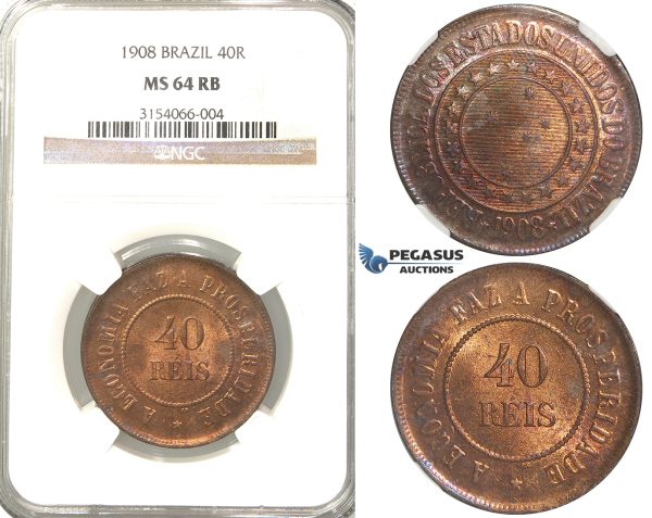 R52, Brazil, 40 Reis 1908, NGC MS64RB