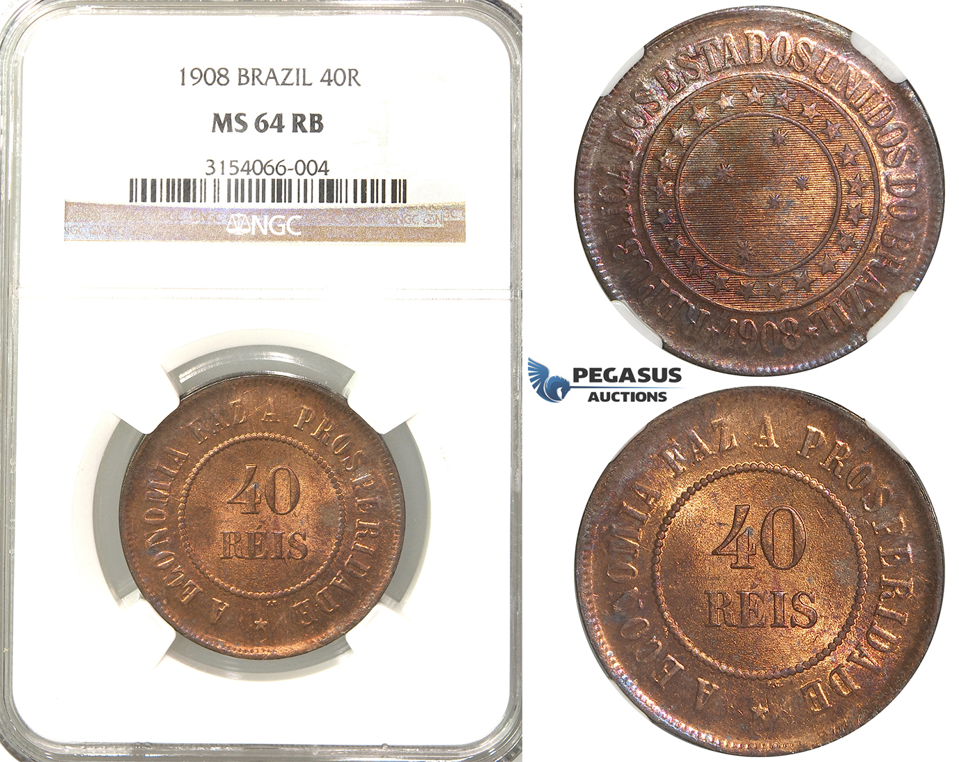 R52, Brazil, 40 Reis 1908, NGC MS64RB