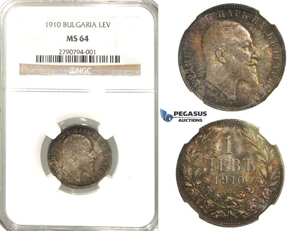 R53, Bulgaria, Ferdinand I, 1 Lev 1910, Silver, NGC MS64 (Rainbow toning)