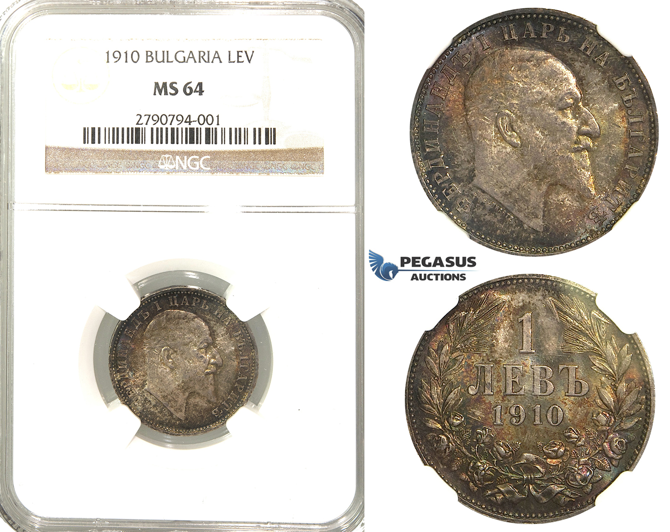 R53, Bulgaria, Ferdinand I, 1 Lev 1910, Silver, NGC MS64 (Rainbow toning)