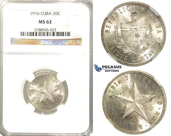 R54, Cuba, 20 Centavos 1916, Silver, NGC MS62