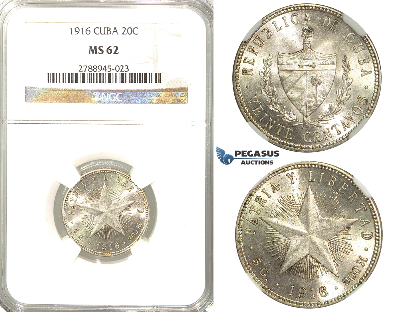 R54, Cuba, 20 Centavos 1916, Silver, NGC MS62