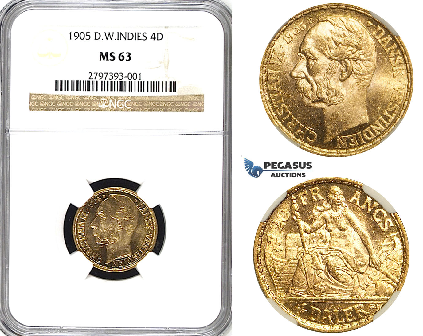 R543, Danish West Indies, Christian IX, 4 Daler/20 Francs 1905, Copenhagen, Gold, NGC MS63