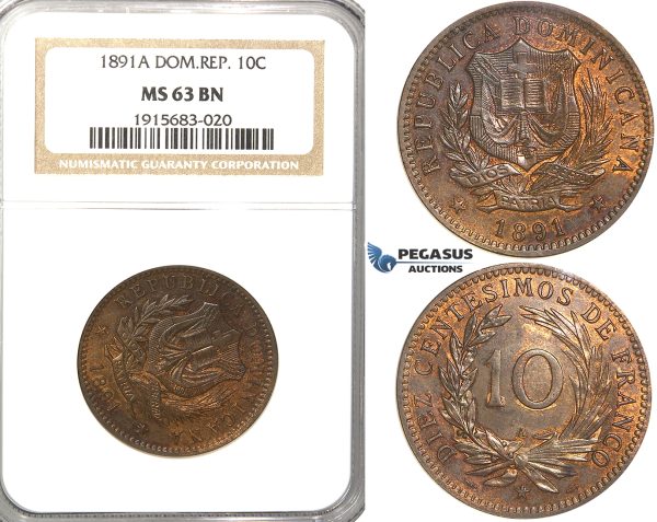 R55, Dominican Republic, 10 Centesimos 1891-A, Paris, NGC MS63BN