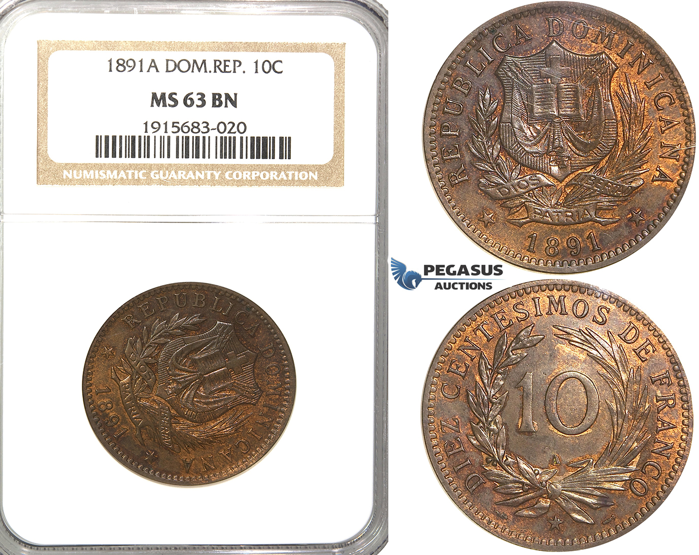 R55, Dominican Republic, 10 Centesimos 1891-A, Paris, NGC MS63BN