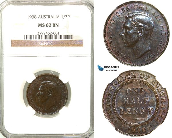 R556, Australia, George VI, Half Penny 1938, NGC MS62BN