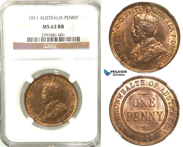 R557, Australia, Edward VII, Penny 1911, NGC MS63RB