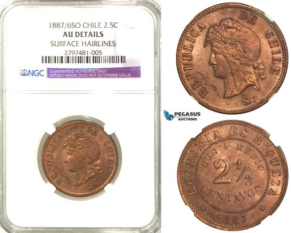 R562, Chile, 2 1/2 Centavos 1887/6-So, Santiago, NGC AU Det.