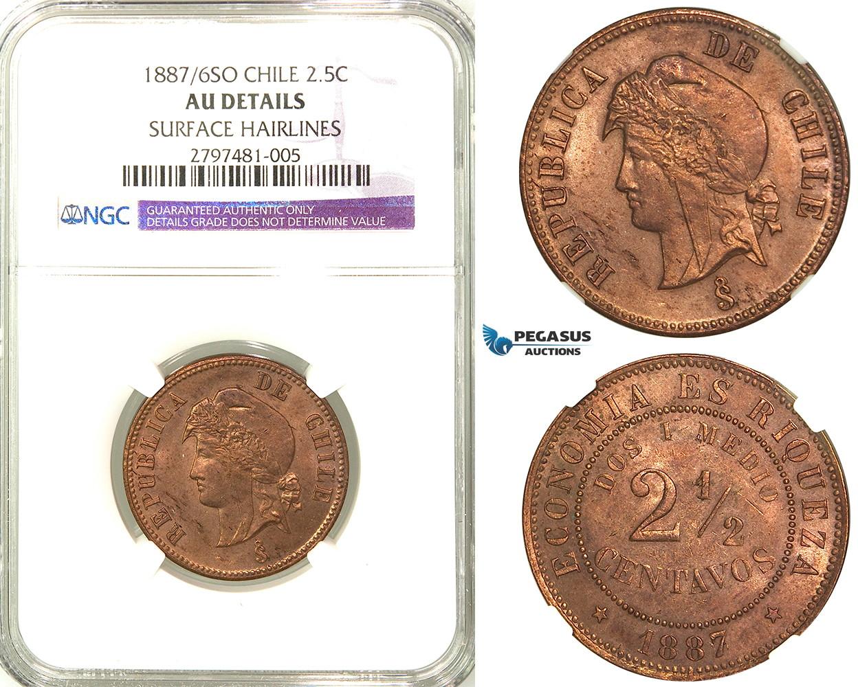 R562, Chile, 2 1/2 Centavos 1887/6-So, Santiago, NGC AU Det.