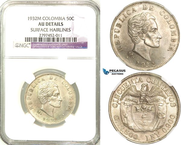 R564, Colombia, 50 Centavos 1932-M, Silver, NGC AU Det.