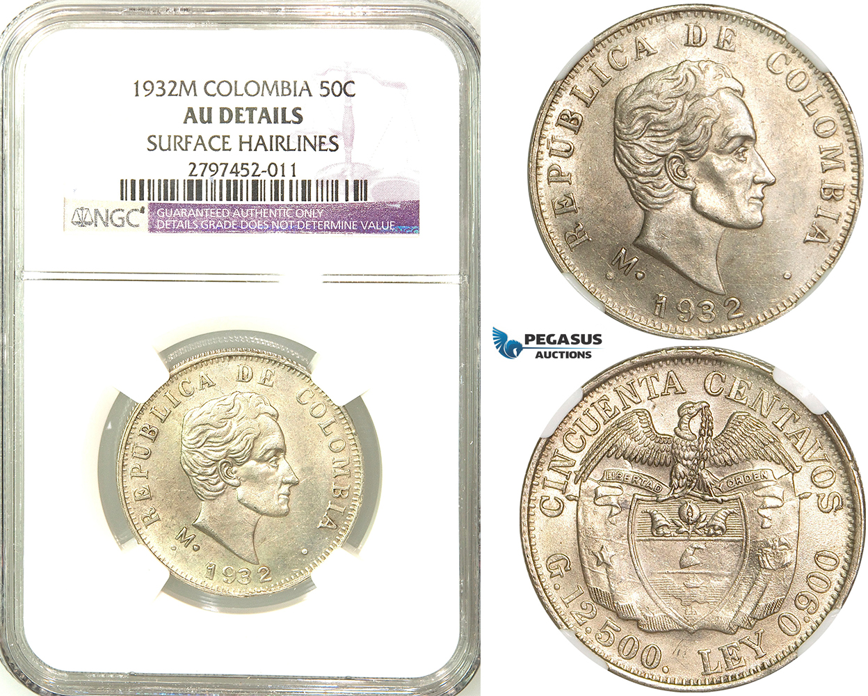 R564, Colombia, 50 Centavos 1932-M, Silver, NGC AU Det.