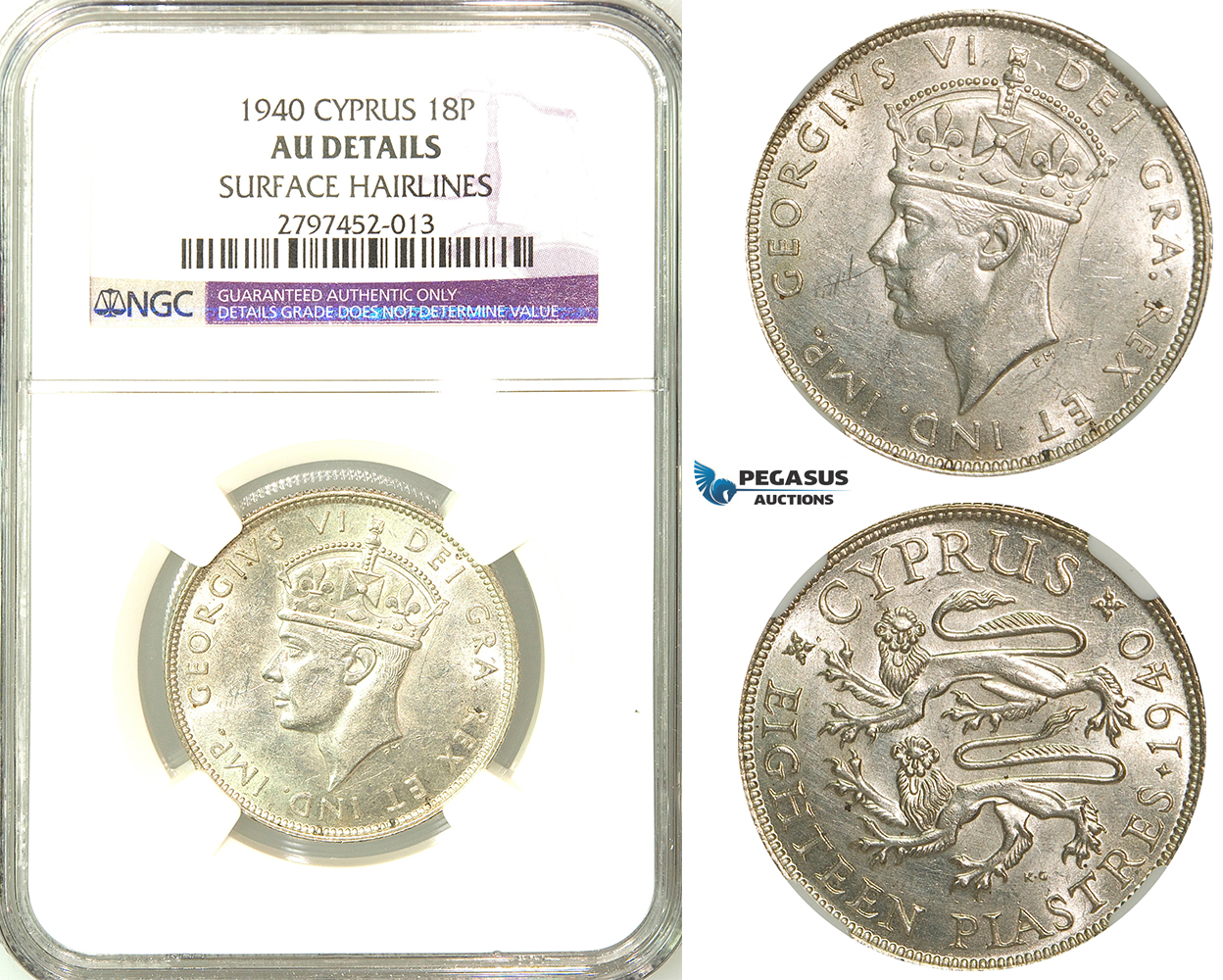 R565, Cyprus, George VI, 18 Piastres 1940, Silver, NGC AU Det.
