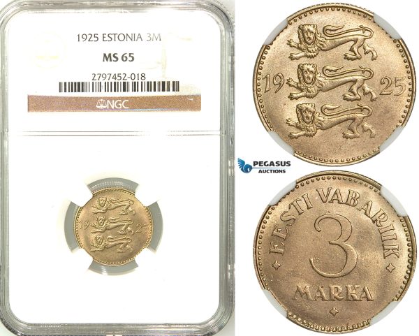 R566, Estonia, 3 Marka 1925, NGC MS65