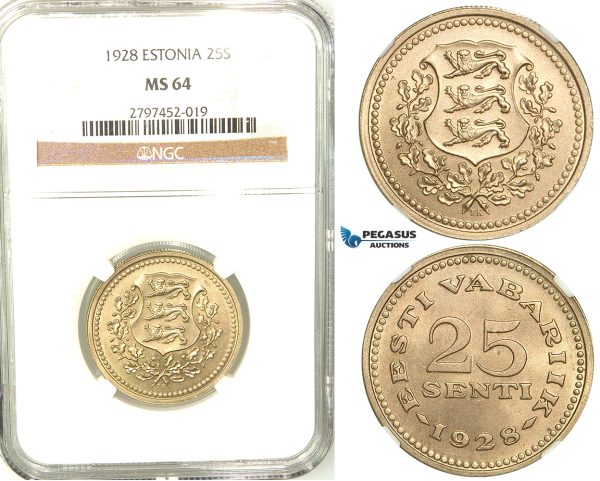 R567, Estonia, 25 Senti 1928, NGC MS64