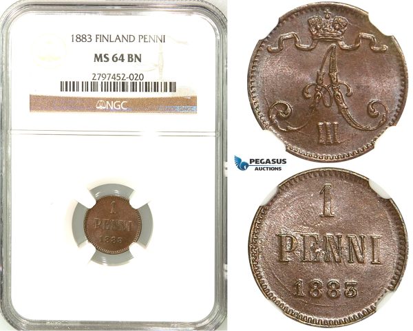 R568, Finland (under Russia) Alexander III, 1 Penni 1883, NGC MS64BN