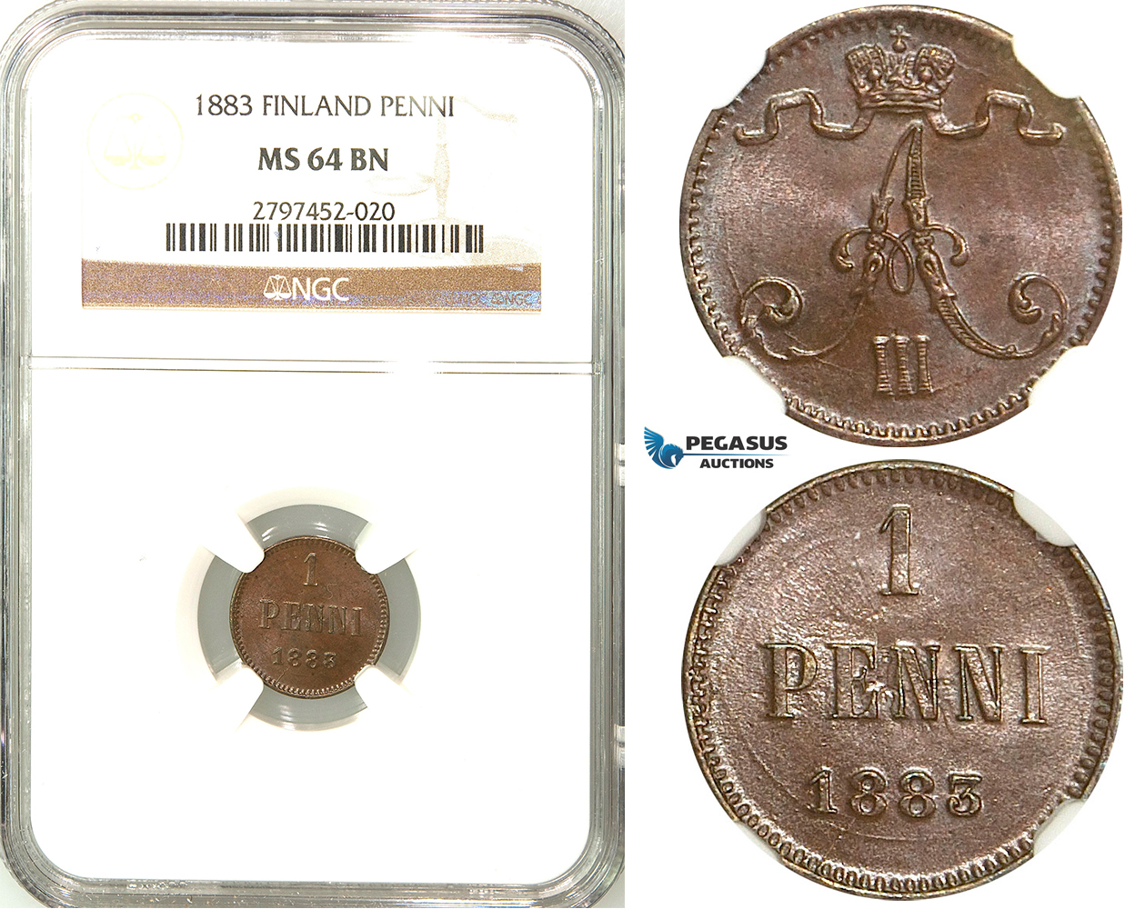 R568, Finland (under Russia) Alexander III, 1 Penni 1883, NGC MS64BN
