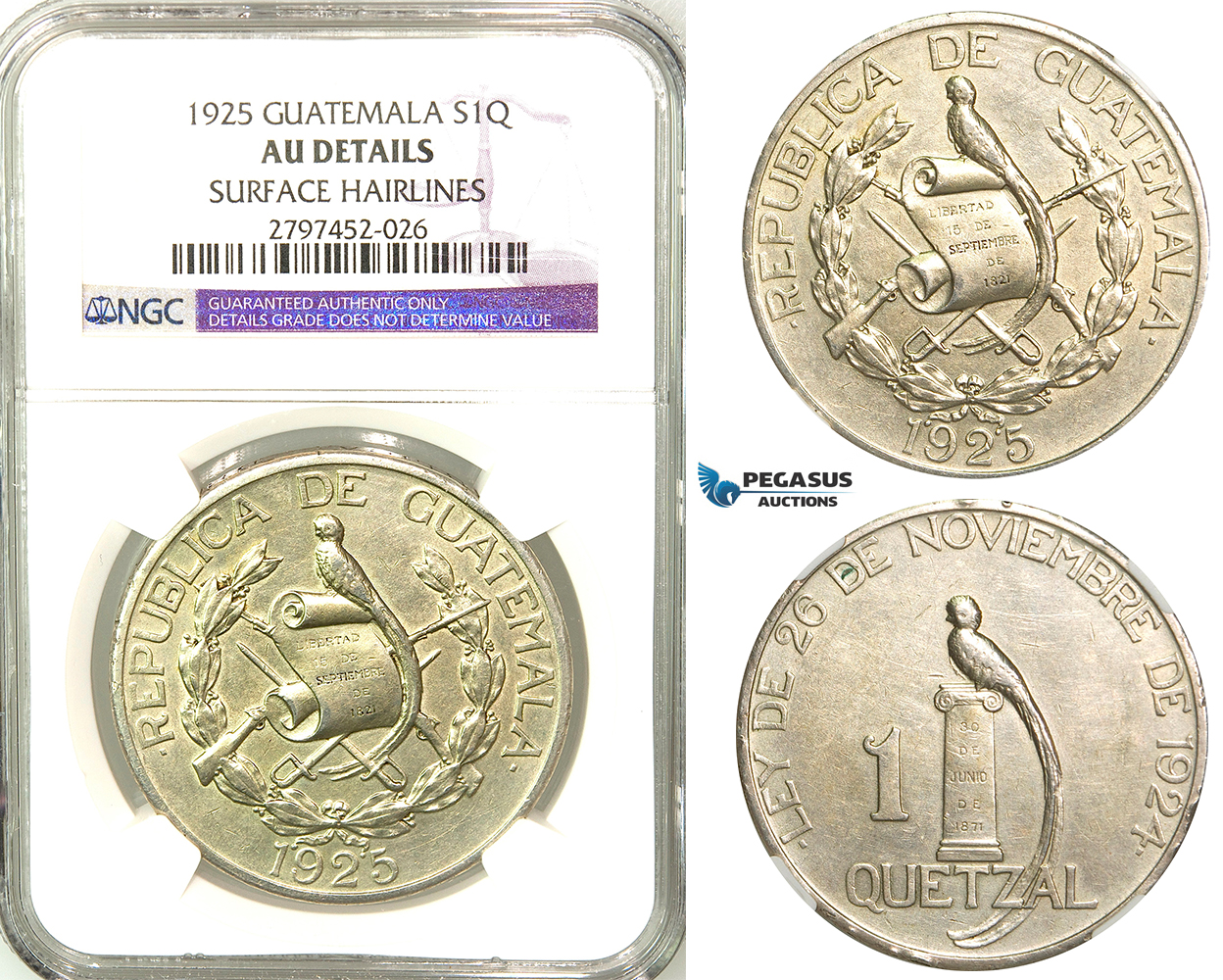 R574, Guatemala, 1 Quetzal 1925, Silver, NGC AU Det. Rare!