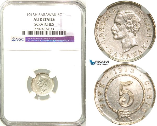 R578, Sarawak, C. Brooke Rajah, 5 Cents 1913-H, Heaton, Silver, NGC AU Det.