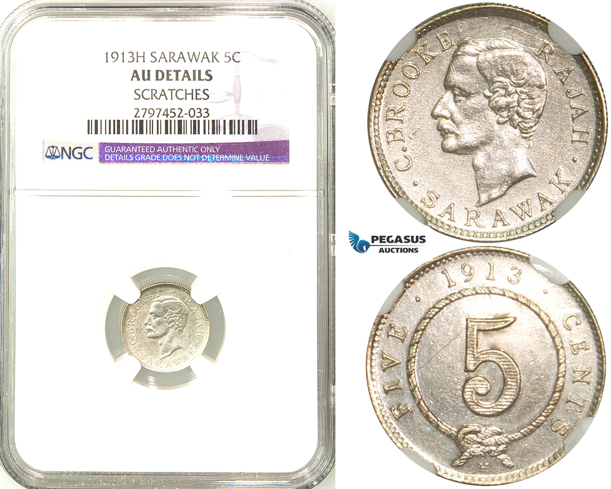 R578, Sarawak, C. Brooke Rajah, 5 Cents 1913-H, Heaton, Silver, NGC AU Det.