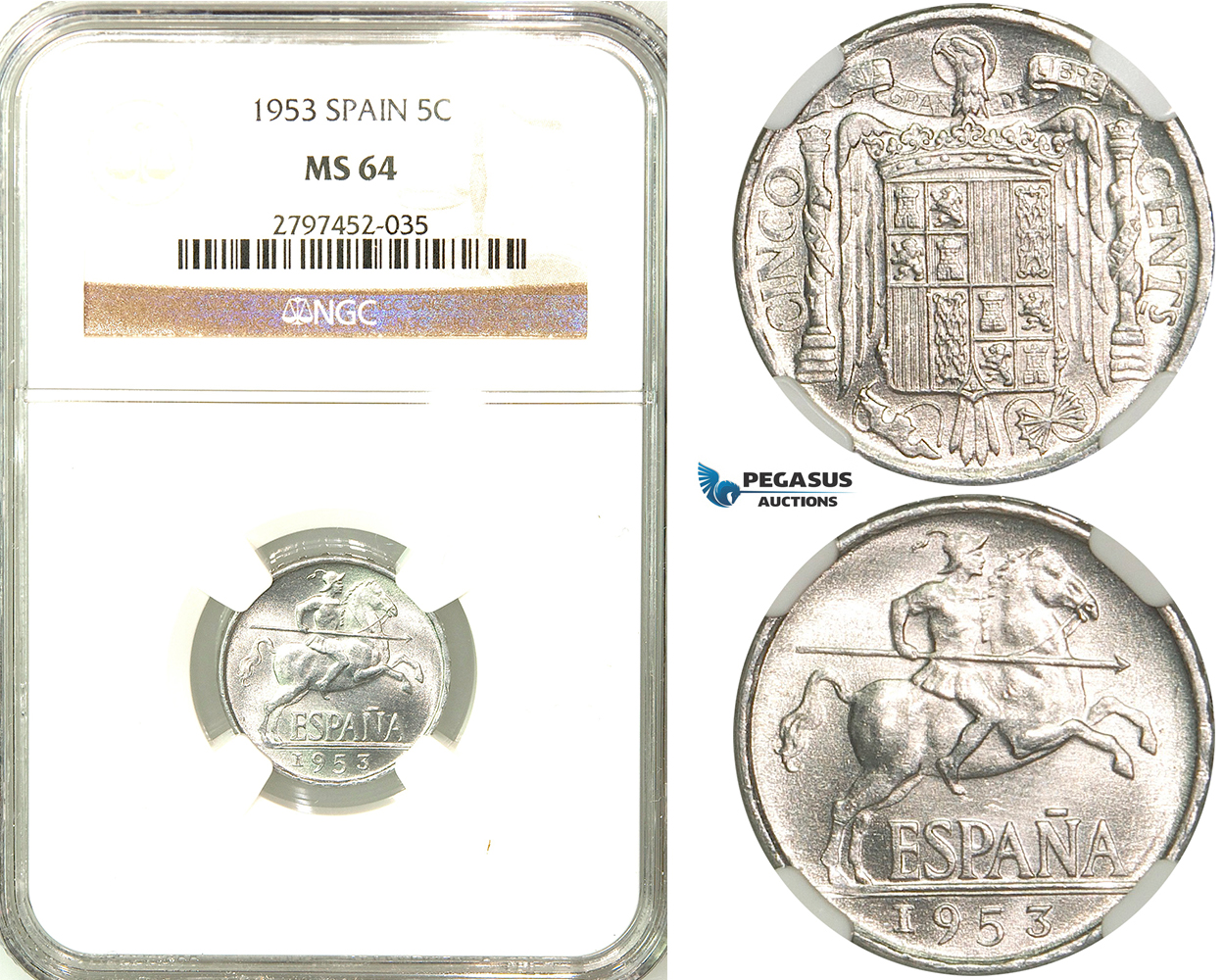 R579, Spain, 5 Centimos 1953, NGC MS64
