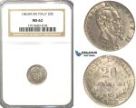 R58, Italy, V. Emanuele II, 20 Centesimi 1863 M-BN, Milan, Silver, NGC MS62