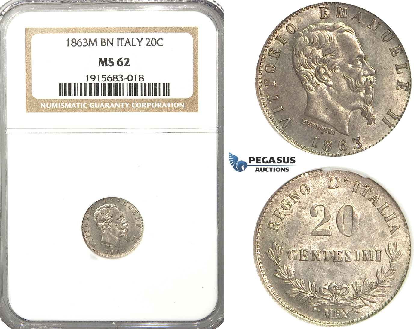 R58, Italy, V. Emanuele II, 20 Centesimi 1863 M-BN, Milan, Silver, NGC MS62