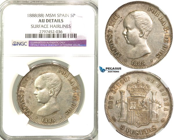R580, Spain, Alfonso XIII, 5 Pesetas 1888 (88) MS M, Madrid, Silver, NGC AU Det. Extremely Rare!