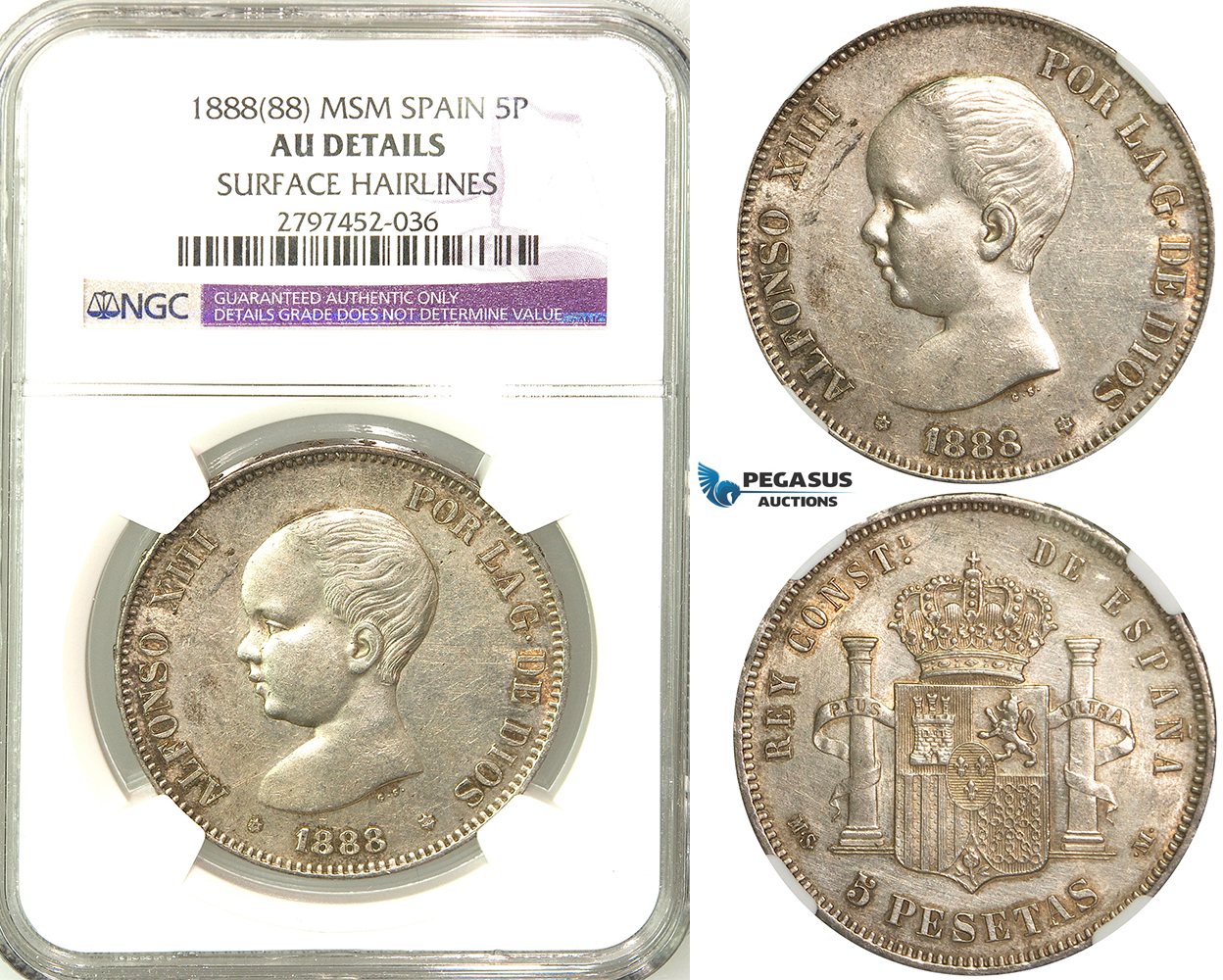 R580, Spain, Alfonso XIII, 5 Pesetas 1888 (88) MS M, Madrid, Silver, NGC AU Det. Extremely Rare!