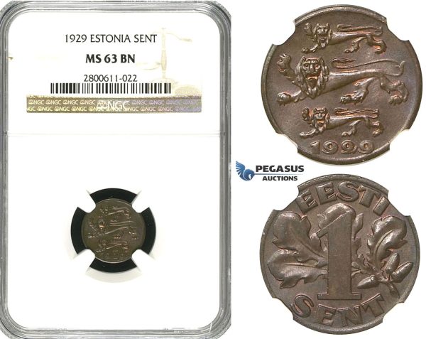 R600, Estonia, 1 Sent 1929, NGC MS63BN