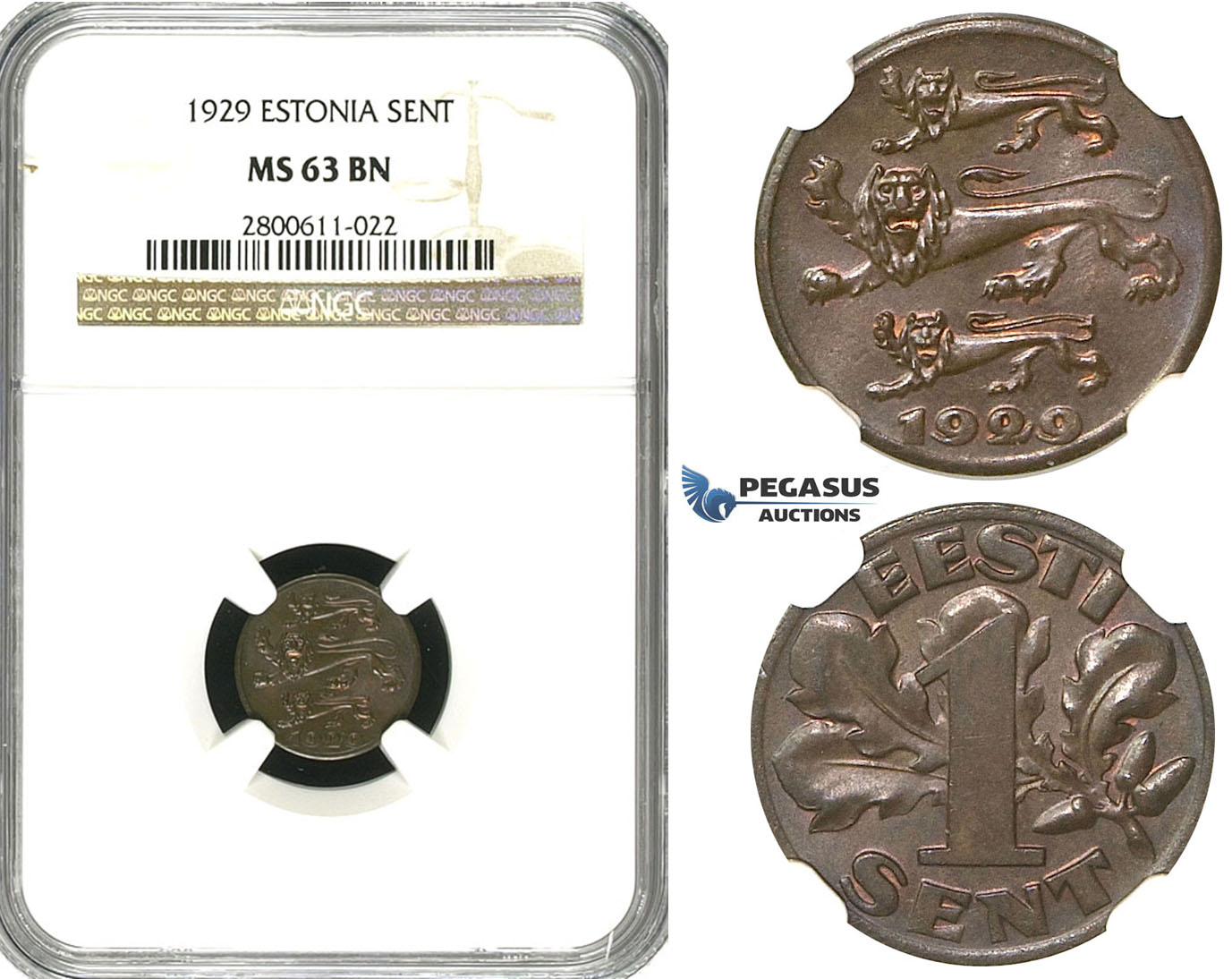 R600, Estonia, 1 Sent 1929, NGC MS63BN