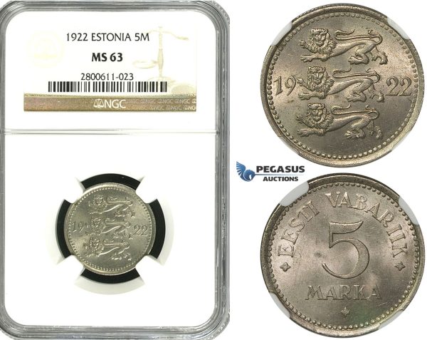 R601, Estonia, 5 Marka 1922, NGC MS63