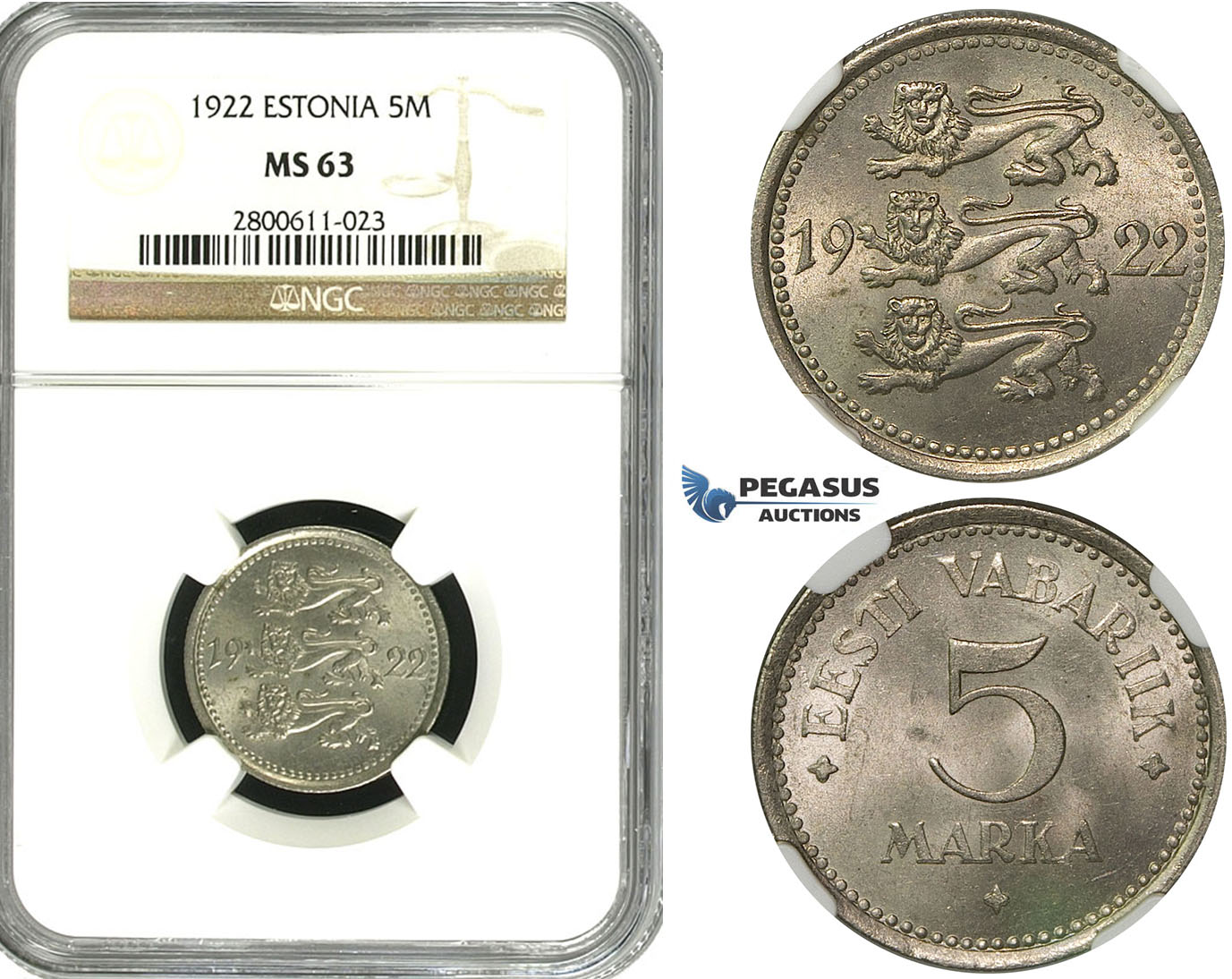 R601, Estonia, 5 Marka 1922, NGC MS63