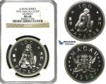 R604, Macau, 100 Patacas 1992, Silver, Lunar Series "Monkey" NGC MS68